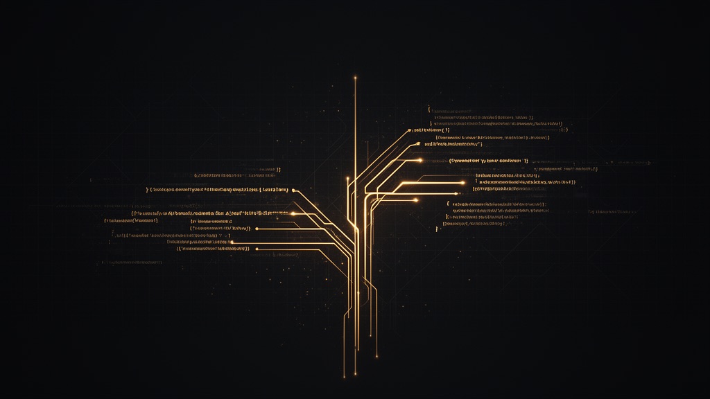 Editorial illustration: glowing gold streams of code merging into a single reviewed branch on a dark background, representing CodeRabbit AI code review.