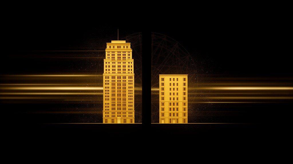 Editorial illustration: two golden towers side by side on a dark background, one tall and many-storeyed, the other short and simple, representing Cloudways compared with Hostinger.