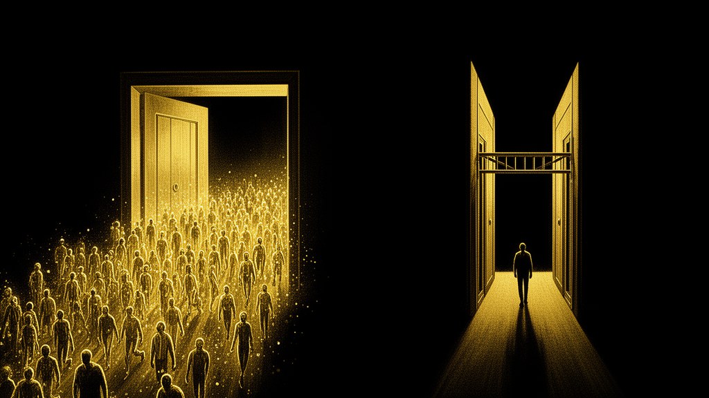 Editorial illustration: two golden doorways on a dark background — a wide one crowded with many figures streaming through, and a narrow gated one with a single figure passing under it.