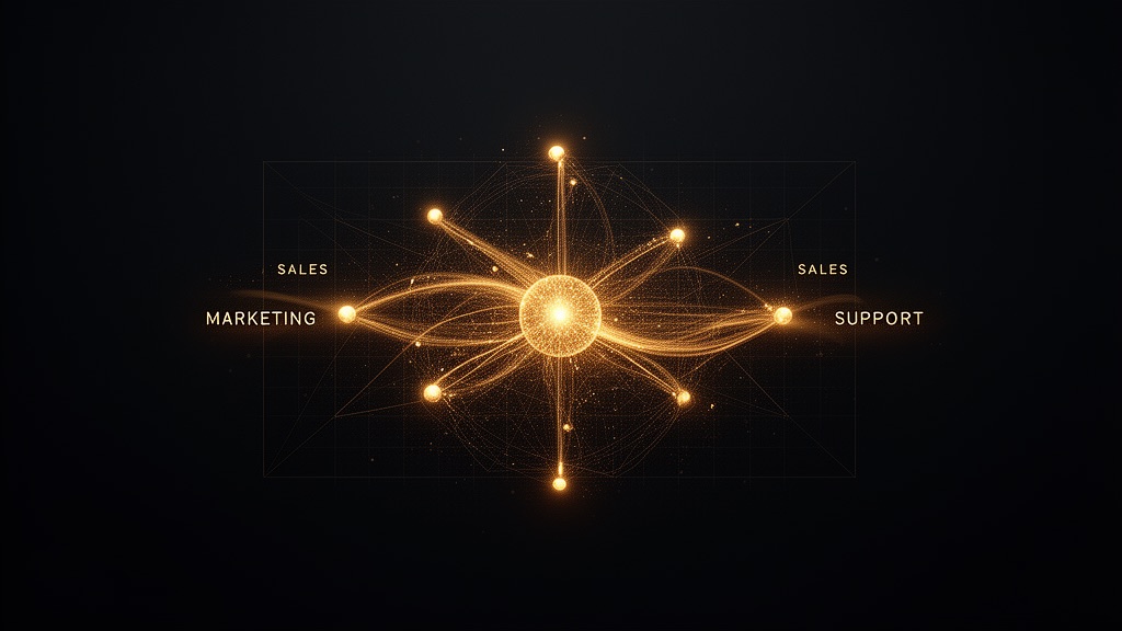 Abstract editorial illustration: a flowing gold customer pipeline of connected nodes on a dark background, representing EngageBay's all-in-one CRM, marketing and sales platform.