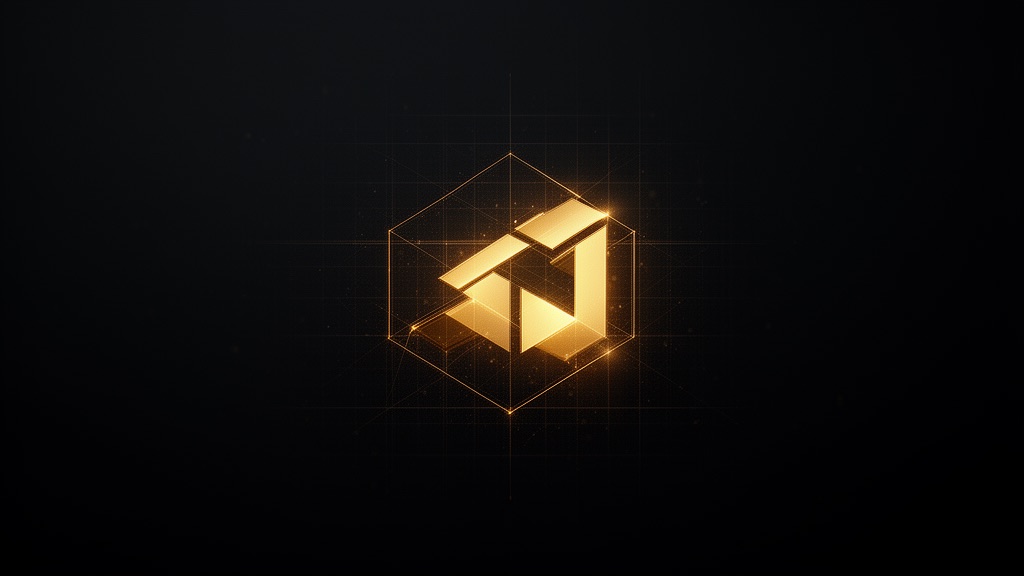 Editorial illustration: glowing gold geometric logo forms on a dark grid, representing the Fiverr Logo Maker design tool.