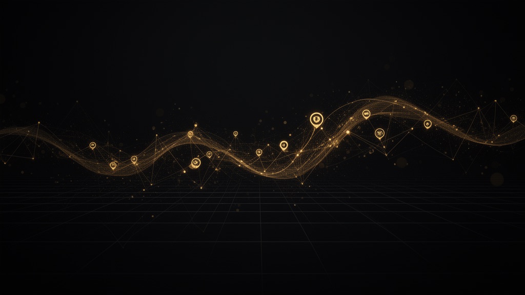 Editorial illustration: a flowing gold network of connected service nodes on a dark background, representing the Fiverr freelance marketplace.