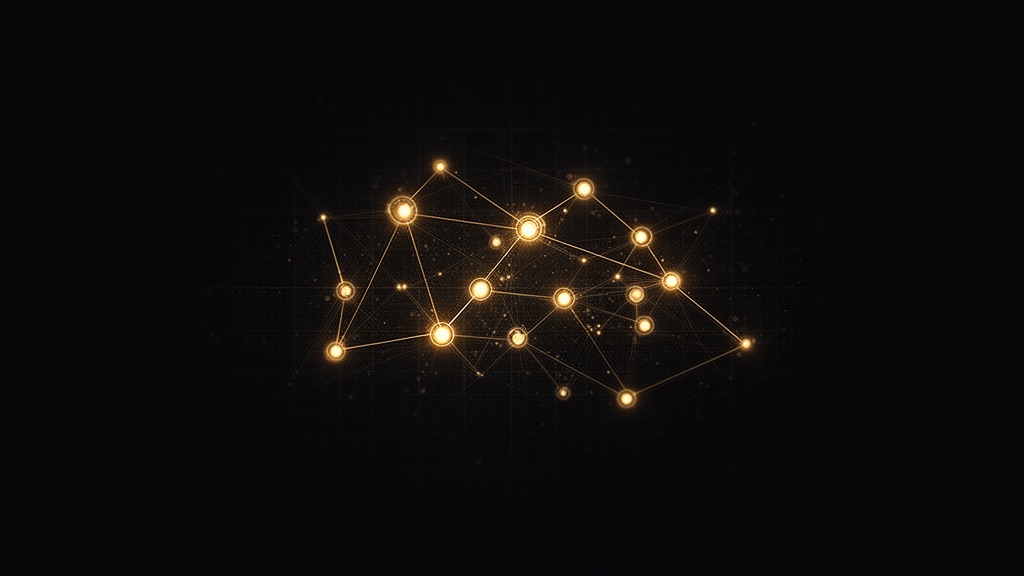 Editorial illustration: a refined constellation of glowing gold connected nodes on a dark background, representing Fiverr Pro's freelance network.
