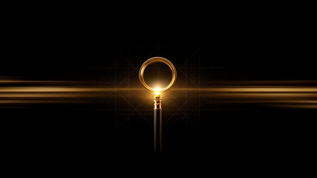 Editorial illustration: a golden magnifying lens examining a small illuminated object on a dark background, representing close product review.